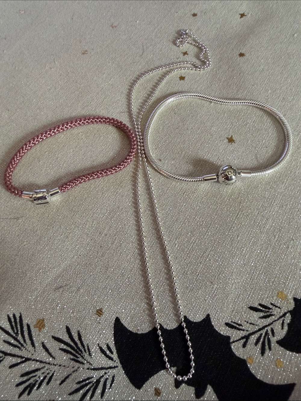 Pandora Silver Snake Chain Necklace with Pink Braided Bracelet # 4